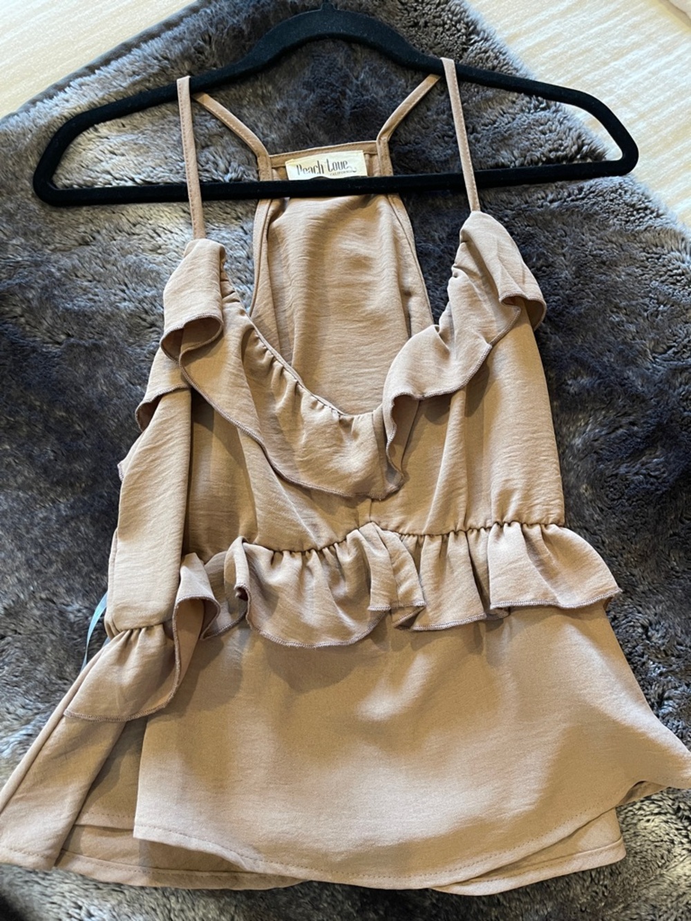 Peach Love California Taupe Ruffle Spaghetti Strap Camisole